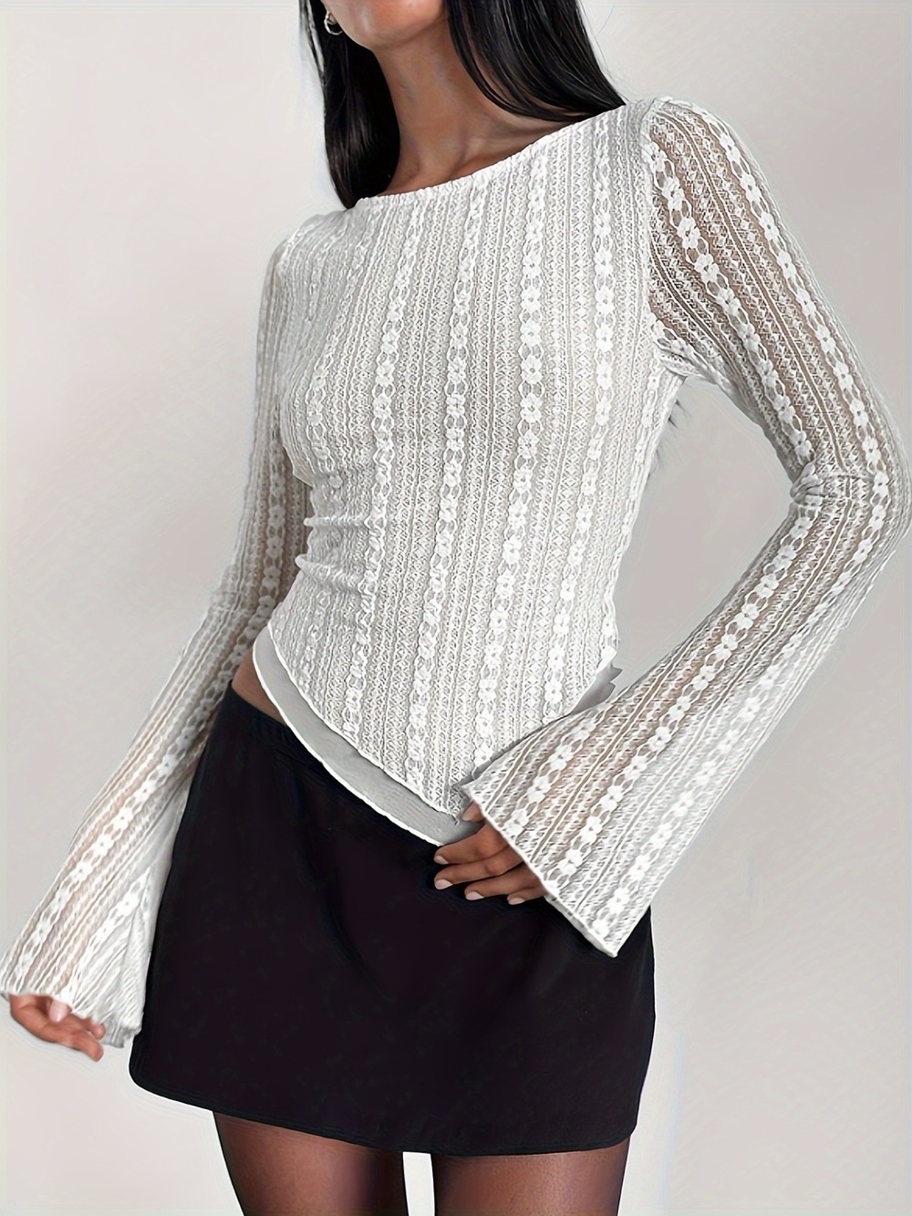 Lace Long Sleeve Blouse with Asymmetrical Hem